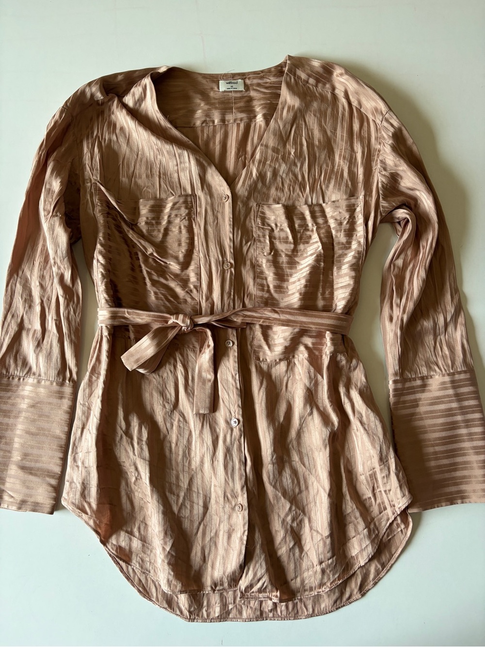Wilfred Tan long sleeve silk rayon striped button up belted shirt v-neck size XS
